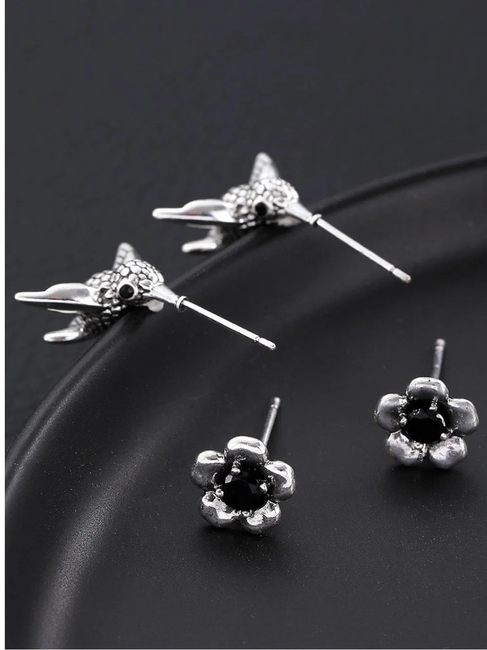 Midnight Bloom & Sparrow Earrings | Black Onyx Flower Bird Stud Earrings